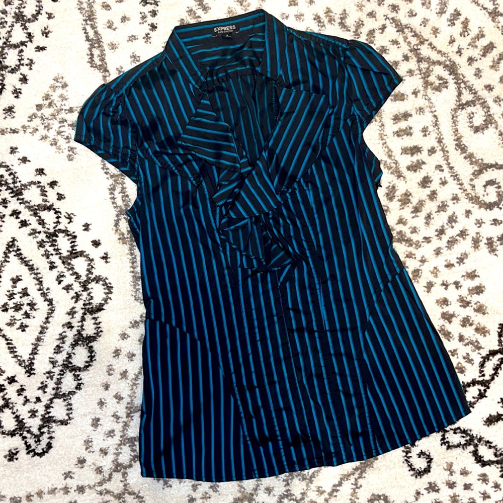EXPRESS Elite Stretch Black & Blue Women’s Striped Ruffle Top Size S